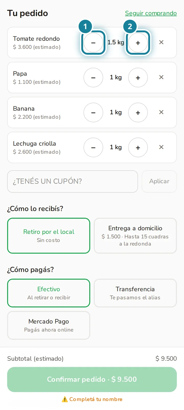 Carrito con los botones más y menos de los kilos marcados.