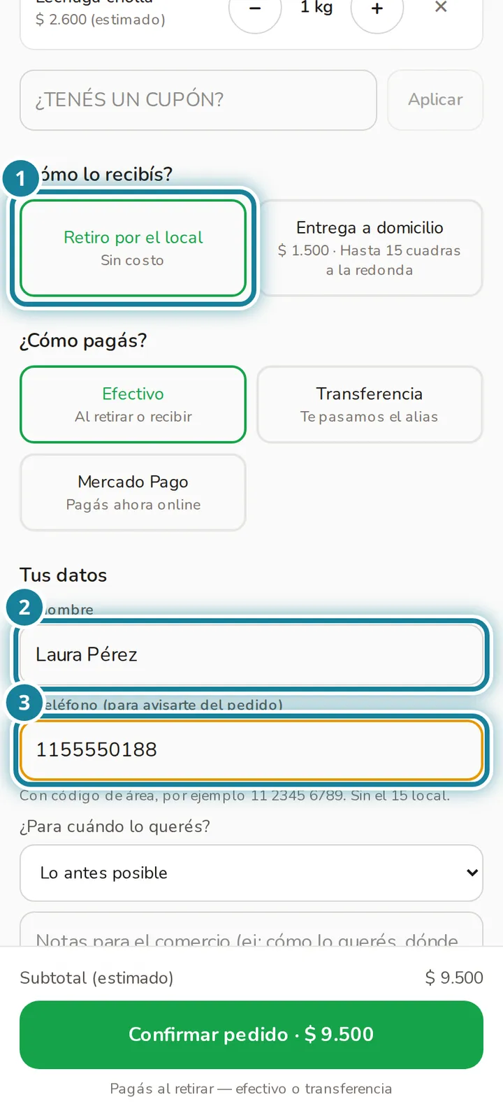 Formulario del pedido con retiro o envío, nombre y teléfono; la elección está marcada.