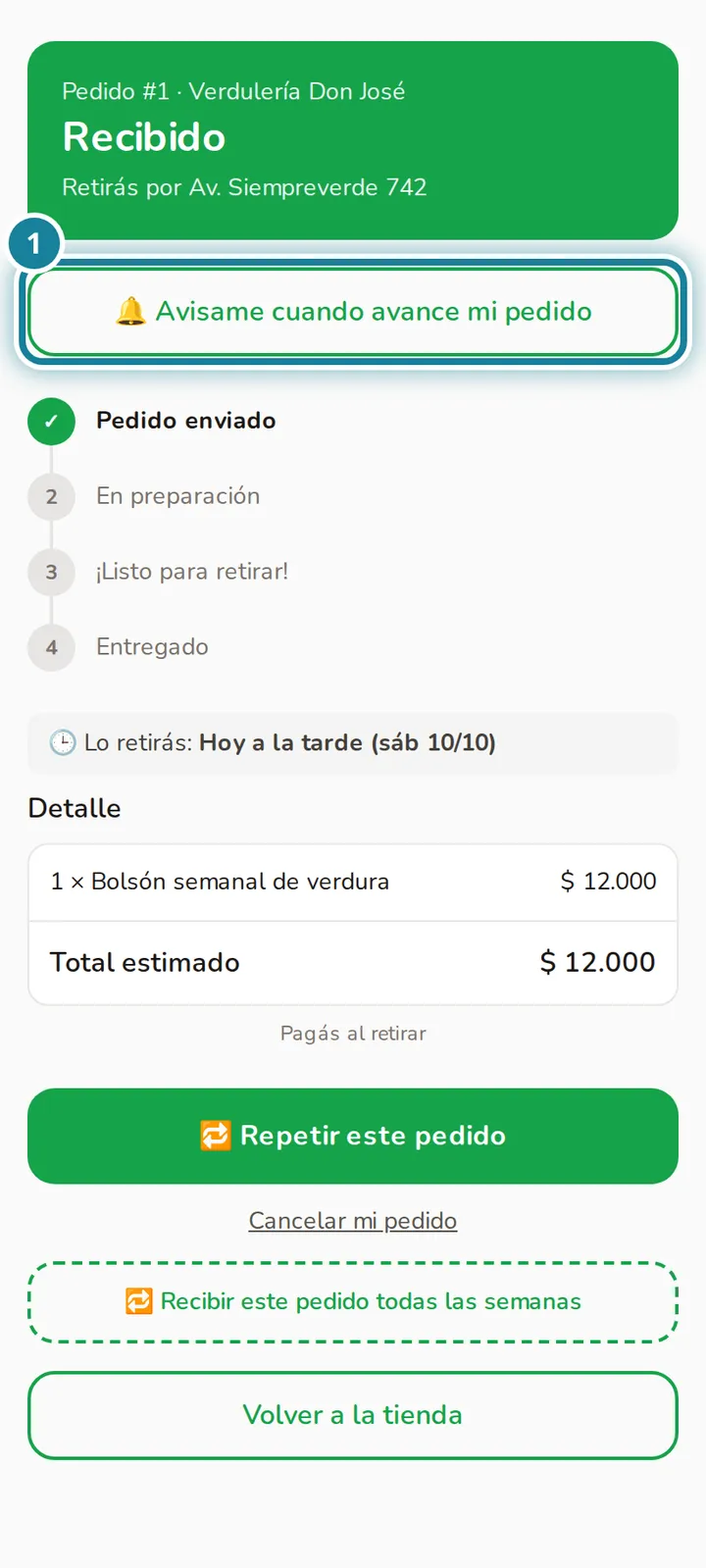 Botón Avisame cuando avance mi pedido marcado.