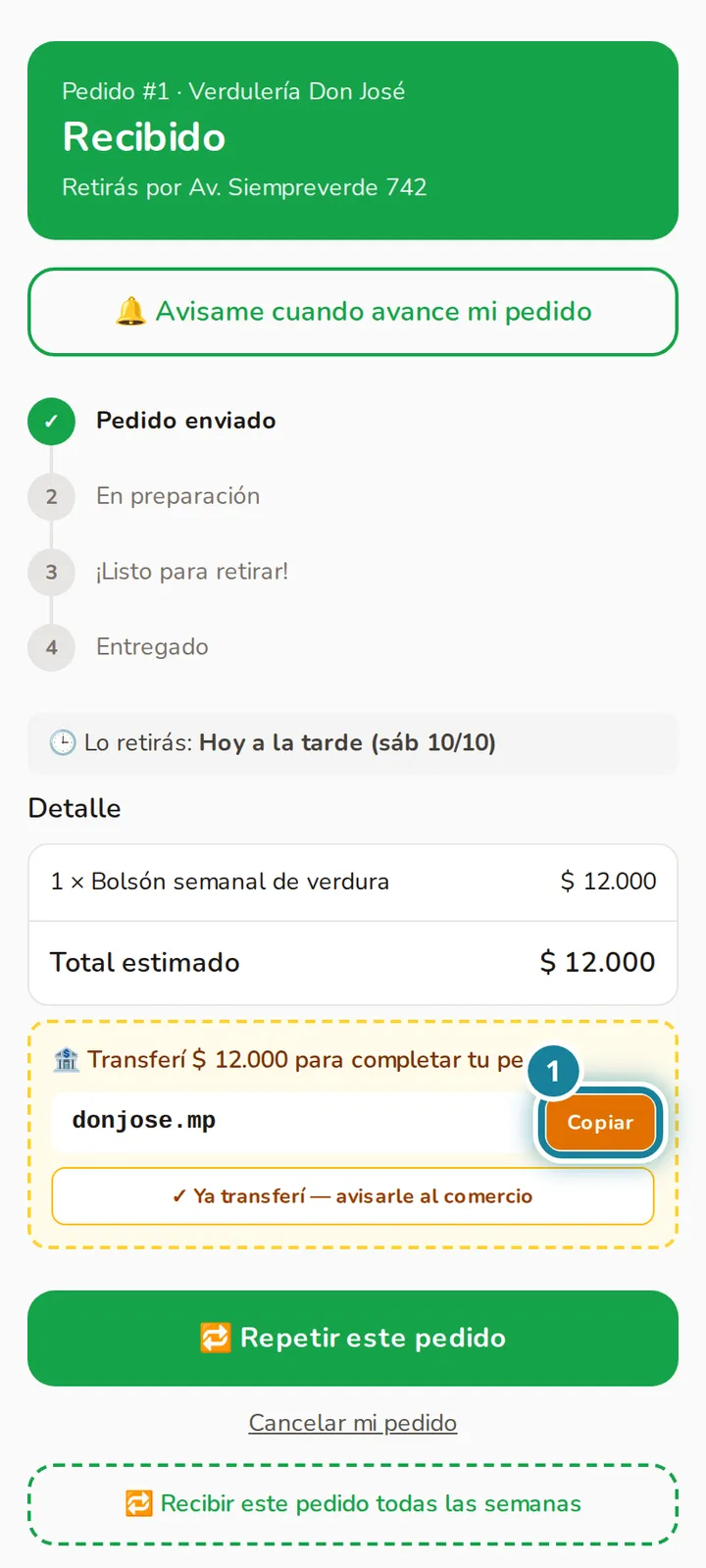 Datos de la transferencia con el alias y el botón Copiar marcado.