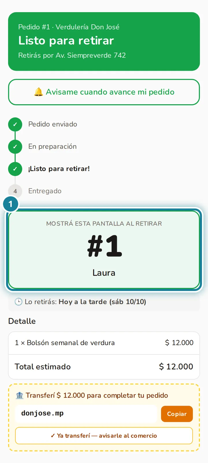 Pedido listo con el número grande para mostrar al retirar; el número está marcado.